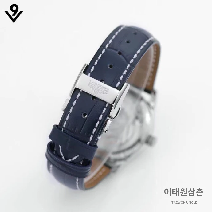 론진 마스터컬렉션 자개다이얼 다이아몬드 문페이즈 오토매틱 34mm 화이트 네이비 가죽 스트랩