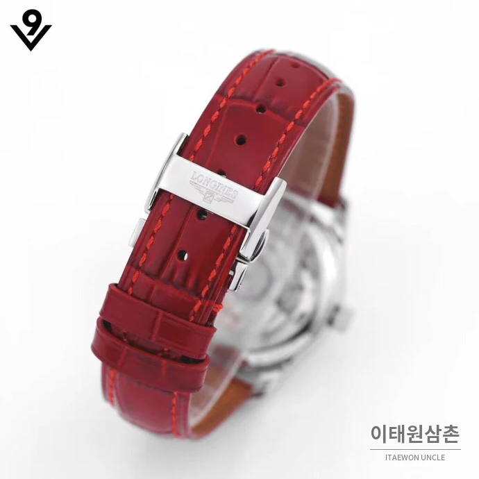 론진 마스터컬렉션 자개다이얼 다이아몬드 문페이즈 오토매틱 34mm 화이트 레드 가죽 스트랩