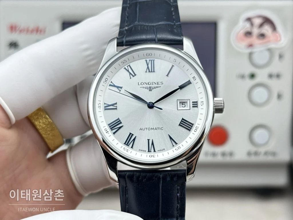 론진 마스터컬렉션 실버로만다이얼 오토매틱 40mm 네이비 가죽 스트랩