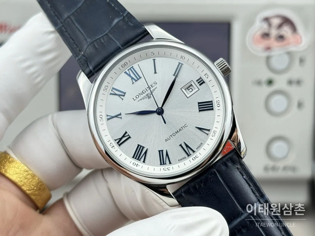 론진 마스터컬렉션 실버로만다이얼 오토매틱 40mm 네이비 가죽 스트랩