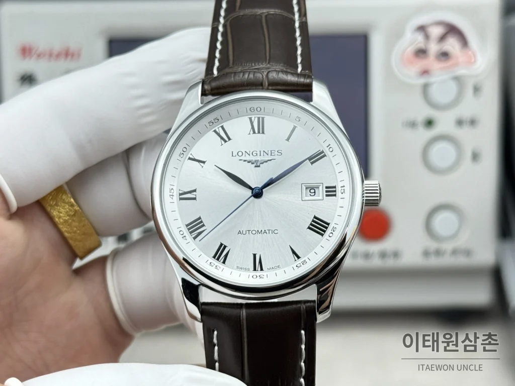 론진 마스터컬렉션 실버로만다이얼 오토매틱 40mm 브라운 가죽 스트랩
