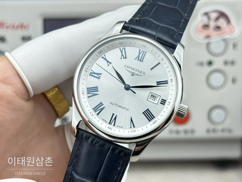 론진 마스터컬렉션 실버로만다이얼 오토매틱 40mm 네이비 가죽 스트랩