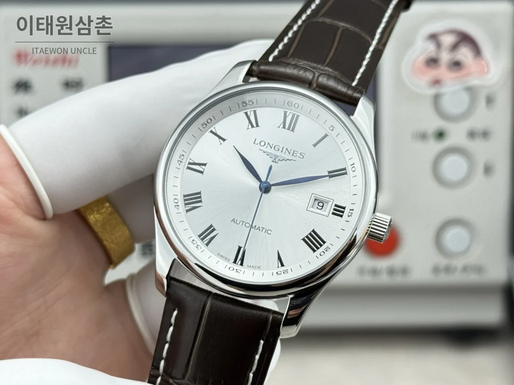론진 마스터컬렉션 실버로만다이얼 오토매틱 40mm 브라운 가죽 스트랩