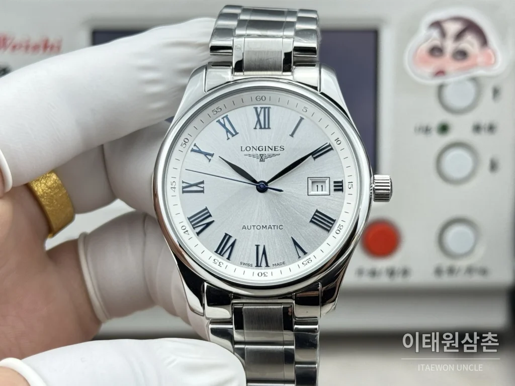 론진 마스터컬렉션 실버로만다이얼 오토매틱 40mm 네이비 가죽 스트랩