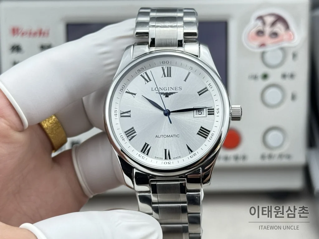 론진 마스터컬렉션 실버로만다이얼 오토매틱 40mm 브라운 가죽 스트랩