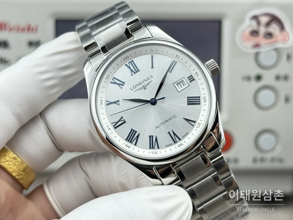 론진 마스터컬렉션 실버로만다이얼 오토매틱 40mm 네이비 가죽 스트랩