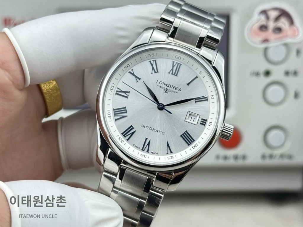 론진 마스터컬렉션 실버로만다이얼 오토매틱 40mm 네이비 가죽 스트랩