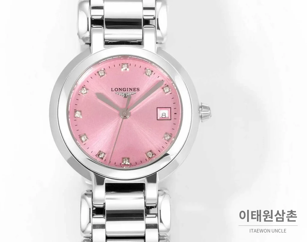 론진 프리마루나 스틸 화이트자개 로만인덱스 블루핸즈 쿼츠 30mm 핑크 다이얼