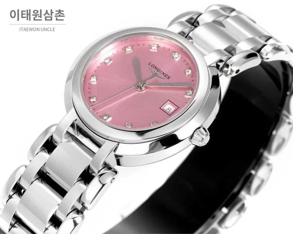 론진 프리마루나 스틸 화이트자개 로만인덱스 블루핸즈 쿼츠 30mm 핑크 다이얼