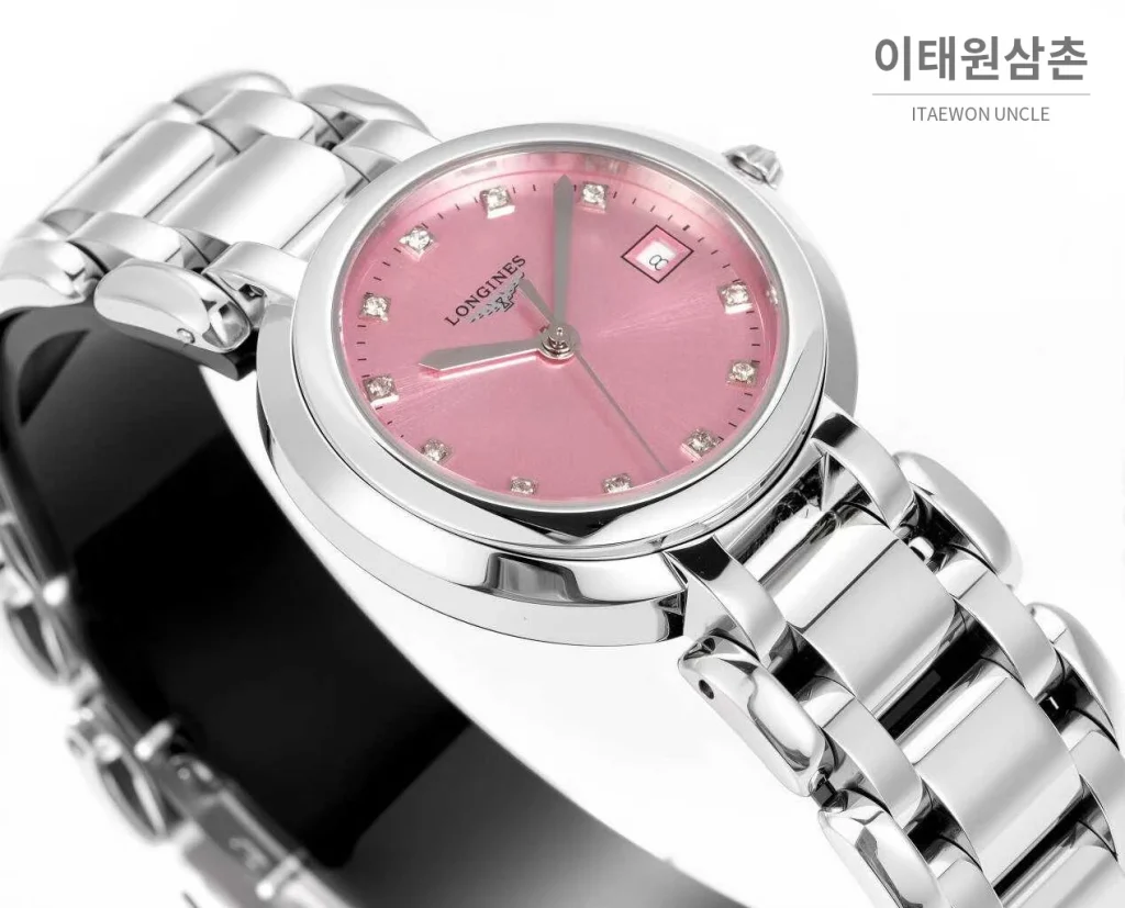 론진 프리마루나 스틸 화이트자개 로만인덱스 블루핸즈 쿼츠 30mm 핑크 다이얼