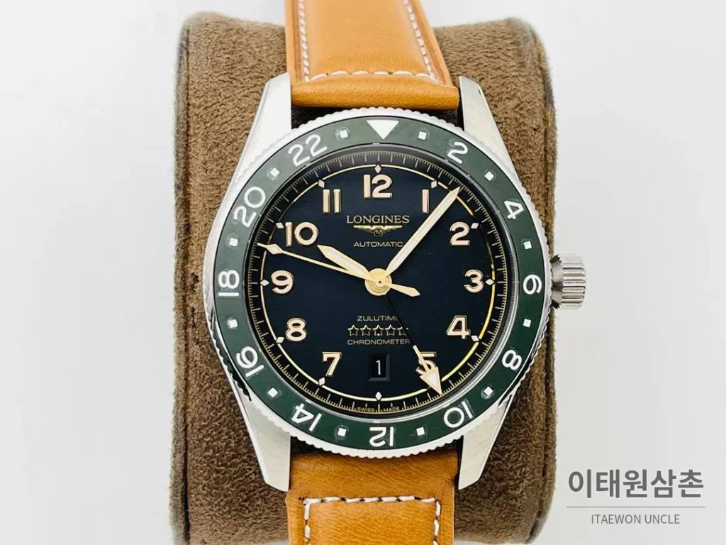 론진 스피릿 Zulu Time GMT 세라믹 베젤 블랙다이얼 오토매틱 42mm 브라운 가죽 스트랩