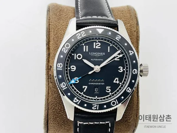 론진 스피릿 Zulu Time GMT 세라믹 베젤 블랙다이얼 오토매틱 42mm 블랙 가죽 스트랩