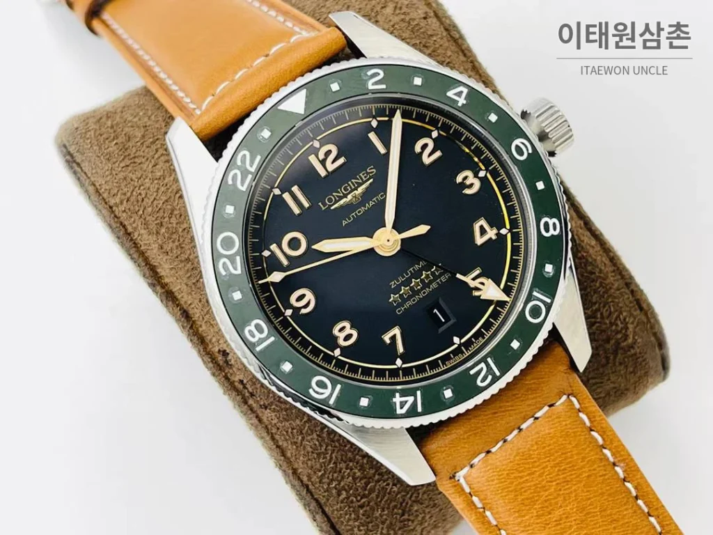 론진 스피릿 Zulu Time GMT 세라믹 베젤 블랙다이얼 오토매틱 42mm 브라운 가죽 스트랩