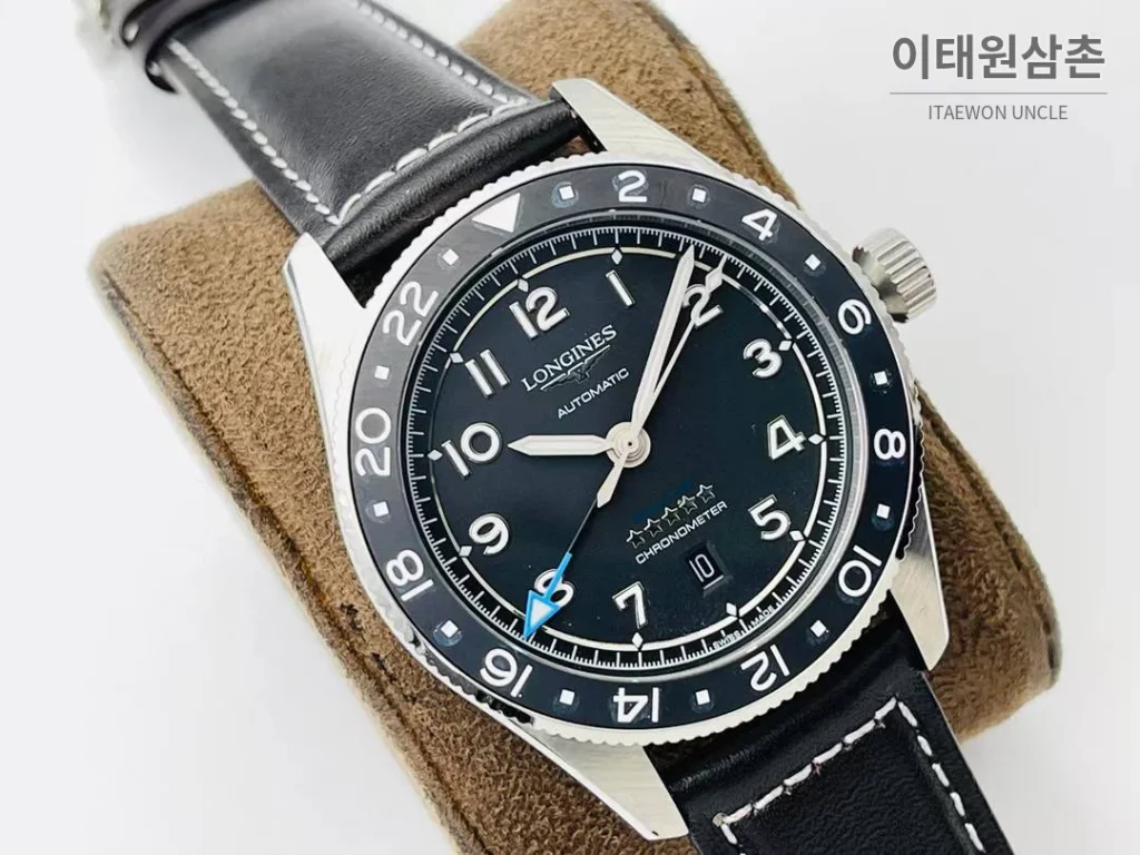 론진 스피릿 Zulu Time GMT 세라믹 베젤 블랙다이얼 오토매틱 42mm 블랙 가죽 스트랩