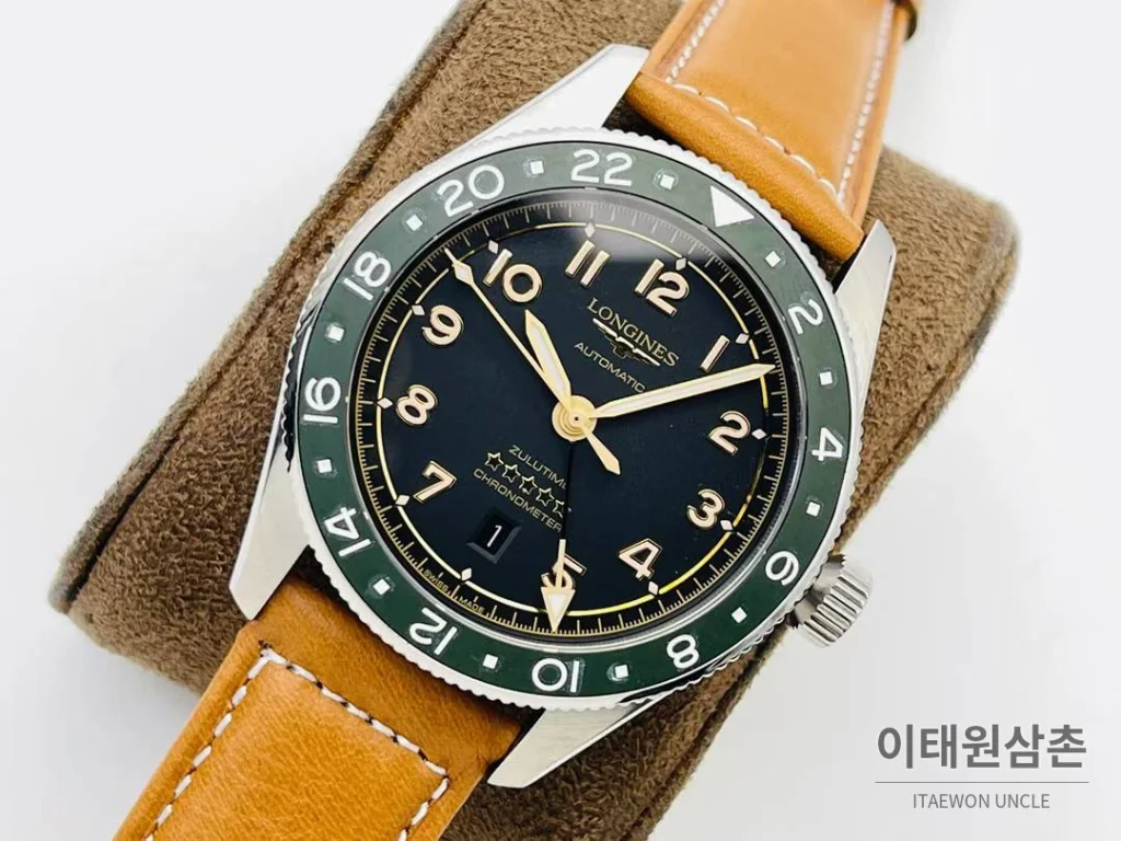 론진 스피릿 Zulu Time GMT 세라믹 베젤 블랙다이얼 오토매틱 42mm 브라운 가죽 스트랩