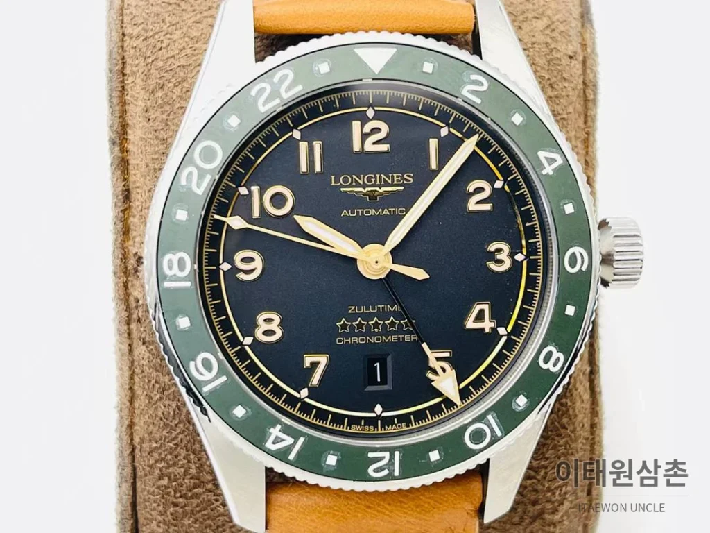 론진 스피릿 Zulu Time GMT 세라믹 베젤 블랙다이얼 오토매틱 42mm 브라운 가죽 스트랩