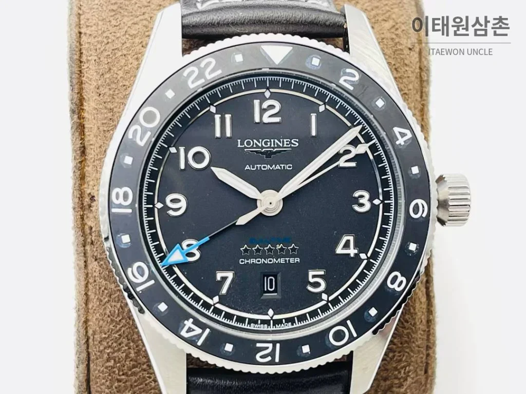 론진 스피릿 Zulu Time GMT 세라믹 베젤 블랙다이얼 오토매틱 42mm 블랙 가죽 스트랩