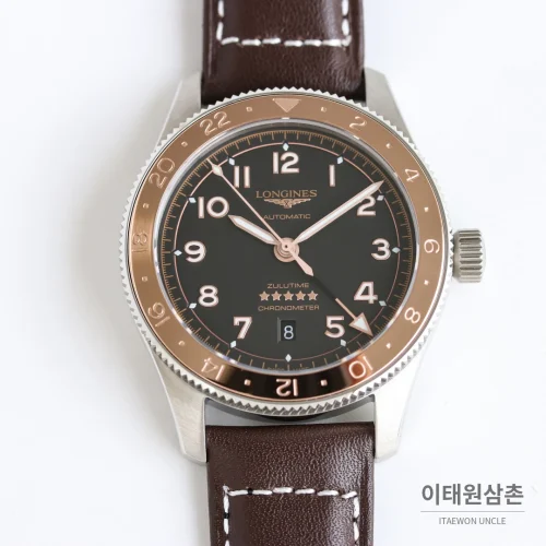 론진 스피릿 줄루타임 세라믹베젤 GMT 오토매틱 42mm 블랙 다이얼 브라운 가죽 스트랩 (3)