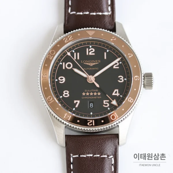 론진 스피릿 줄루타임 세라믹베젤 GMT 오토매틱 42mm 블랙 다이얼 브라운 가죽 스트랩 (3)