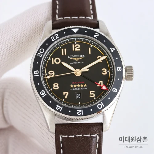 론진 스피릿 줄루타임 세라믹베젤 GMT 오토매틱 42mm 블랙 다이얼 브라운 가죽 스트랩