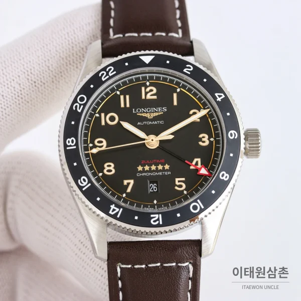 론진 스피릿 줄루타임 세라믹베젤 GMT 오토매틱 42mm 블랙 다이얼 브라운 가죽 스트랩