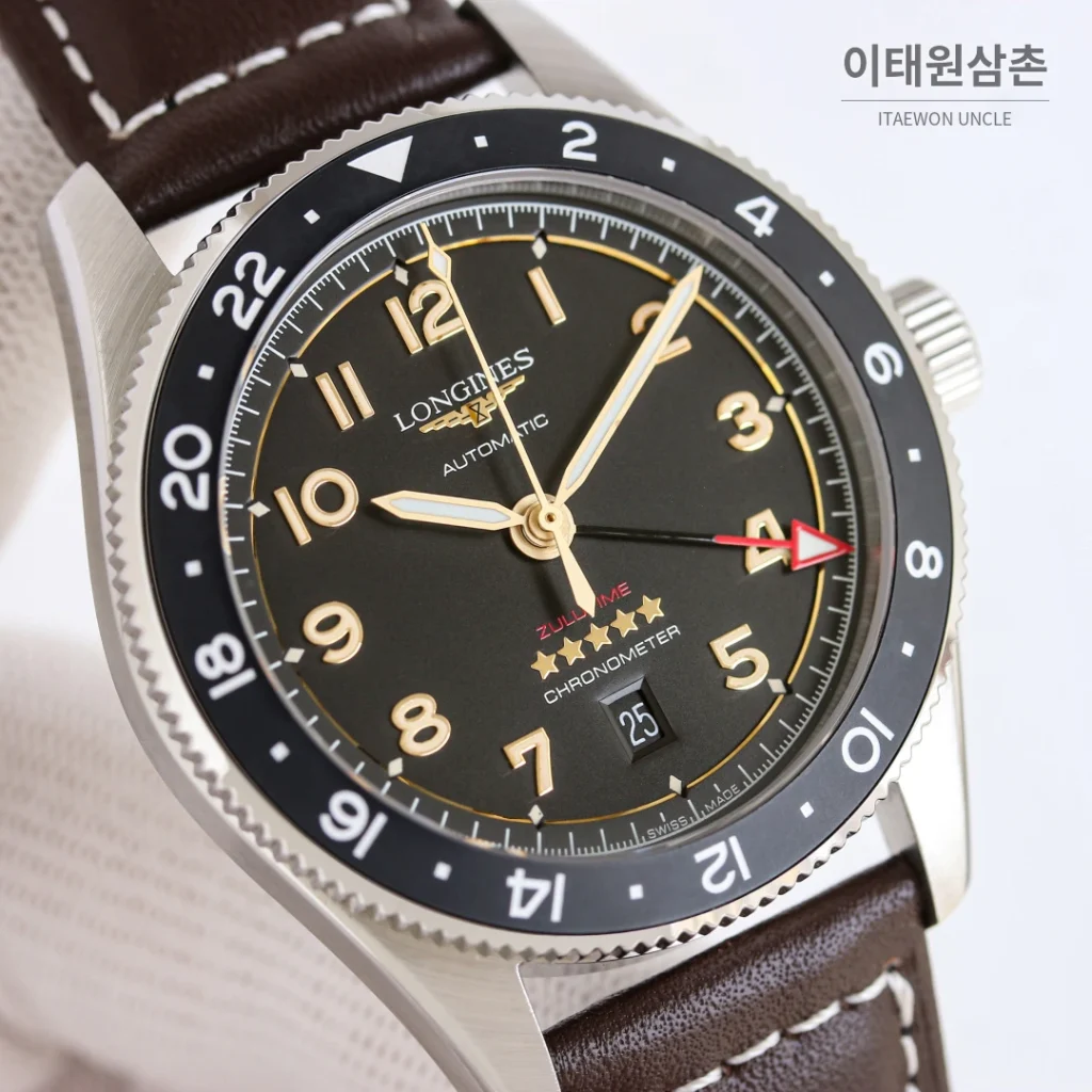 론진 스피릿 줄루타임 세라믹베젤 GMT 오토매틱 42mm 블랙 다이얼 브라운 가죽 스트랩