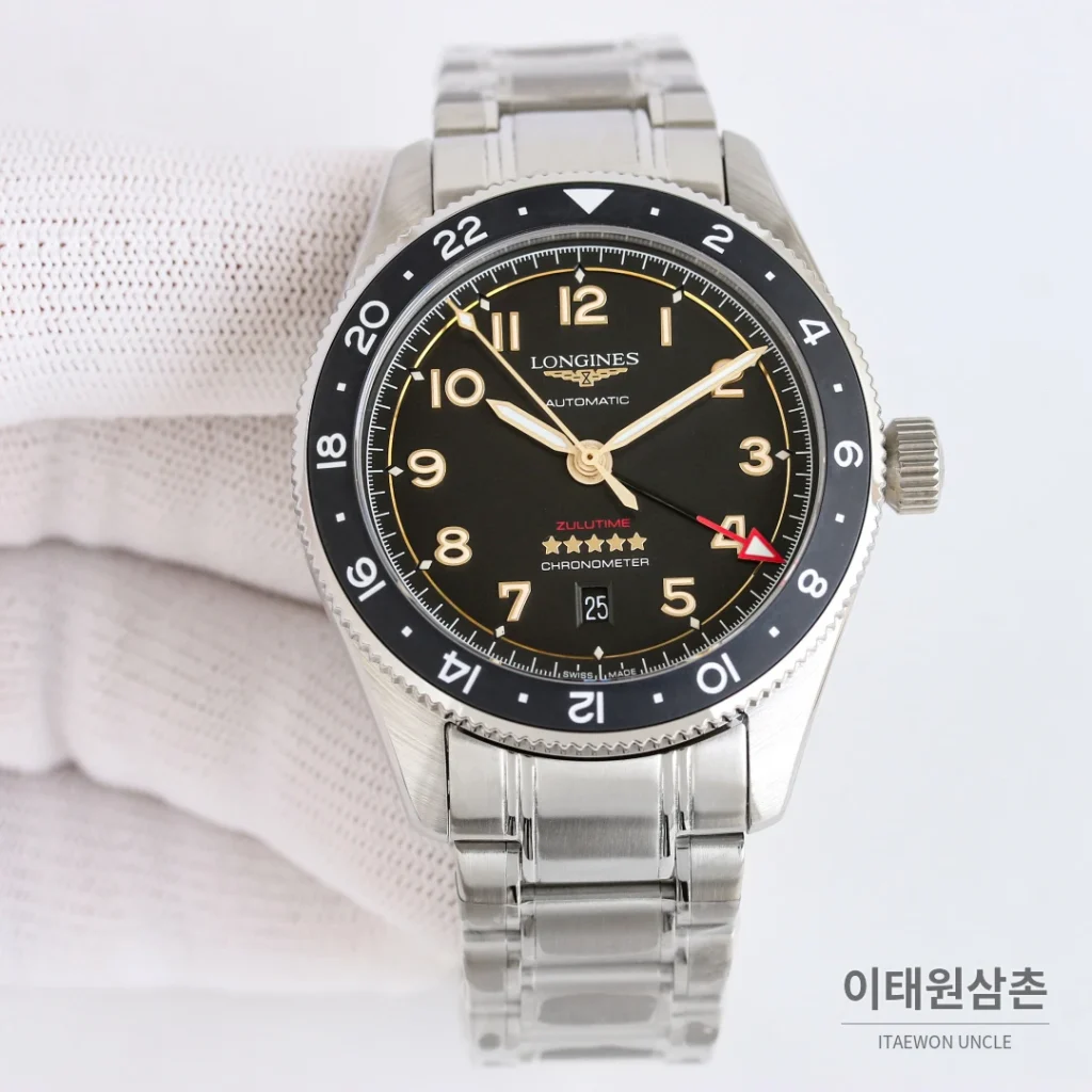 론진 스피릿 줄루타임 세라믹베젤 GMT 오토매틱 42mm 블랙 다이얼 브라운 가죽 스트랩