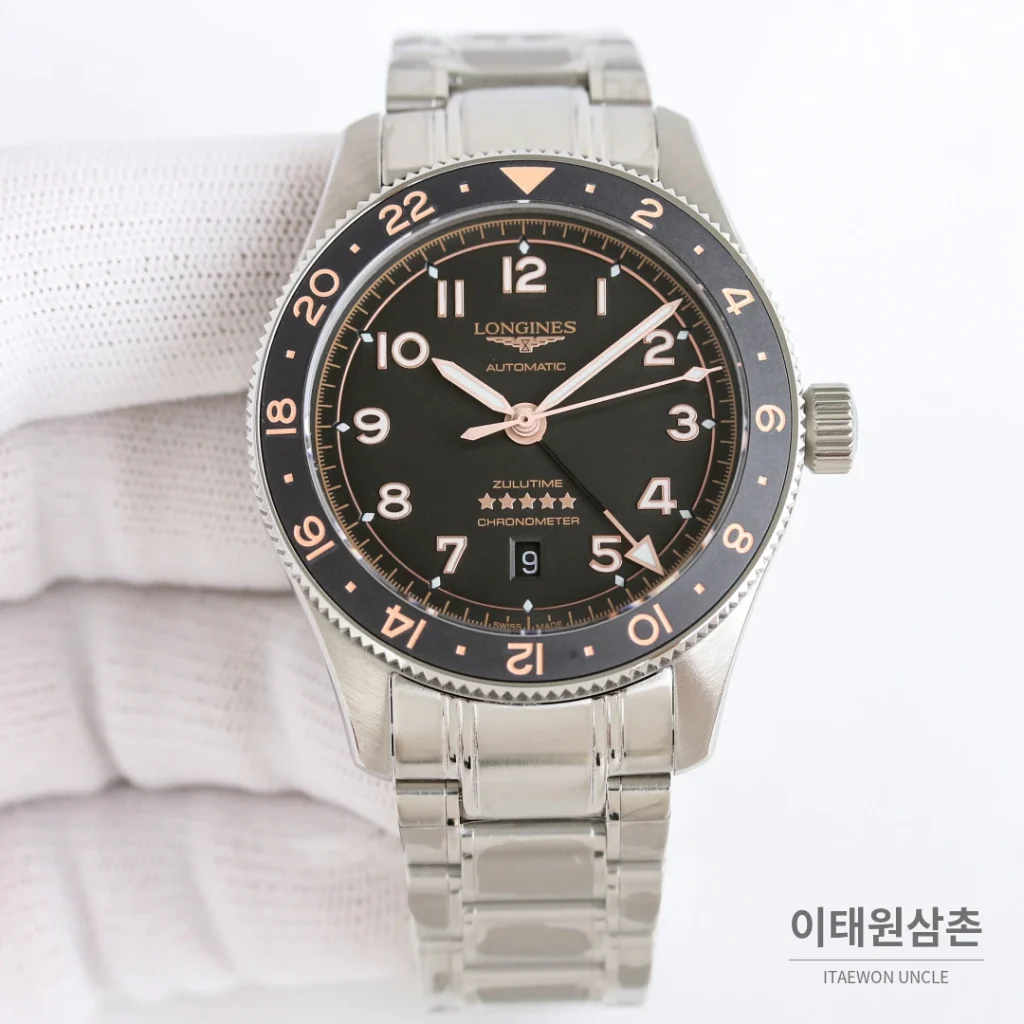 론진 스피릿 줄루타임 세라믹베젤 GMT 오토매틱 42mm 블랙 다이얼 브라운 가죽 스트랩 (2)