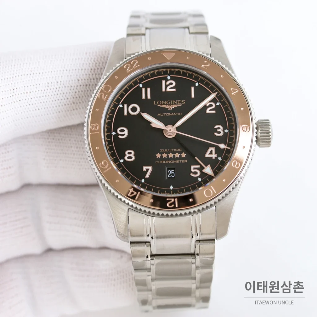 론진 스피릿 줄루타임 세라믹베젤 GMT 오토매틱 42mm 블랙 다이얼 브라운 가죽 스트랩 (3)