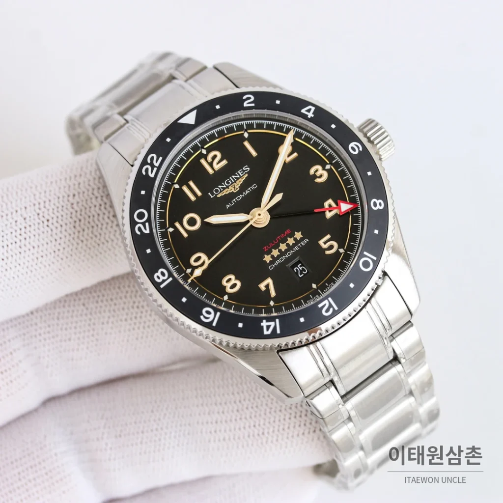 론진 스피릿 줄루타임 세라믹베젤 GMT 오토매틱 42mm 블랙 다이얼 브라운 가죽 스트랩