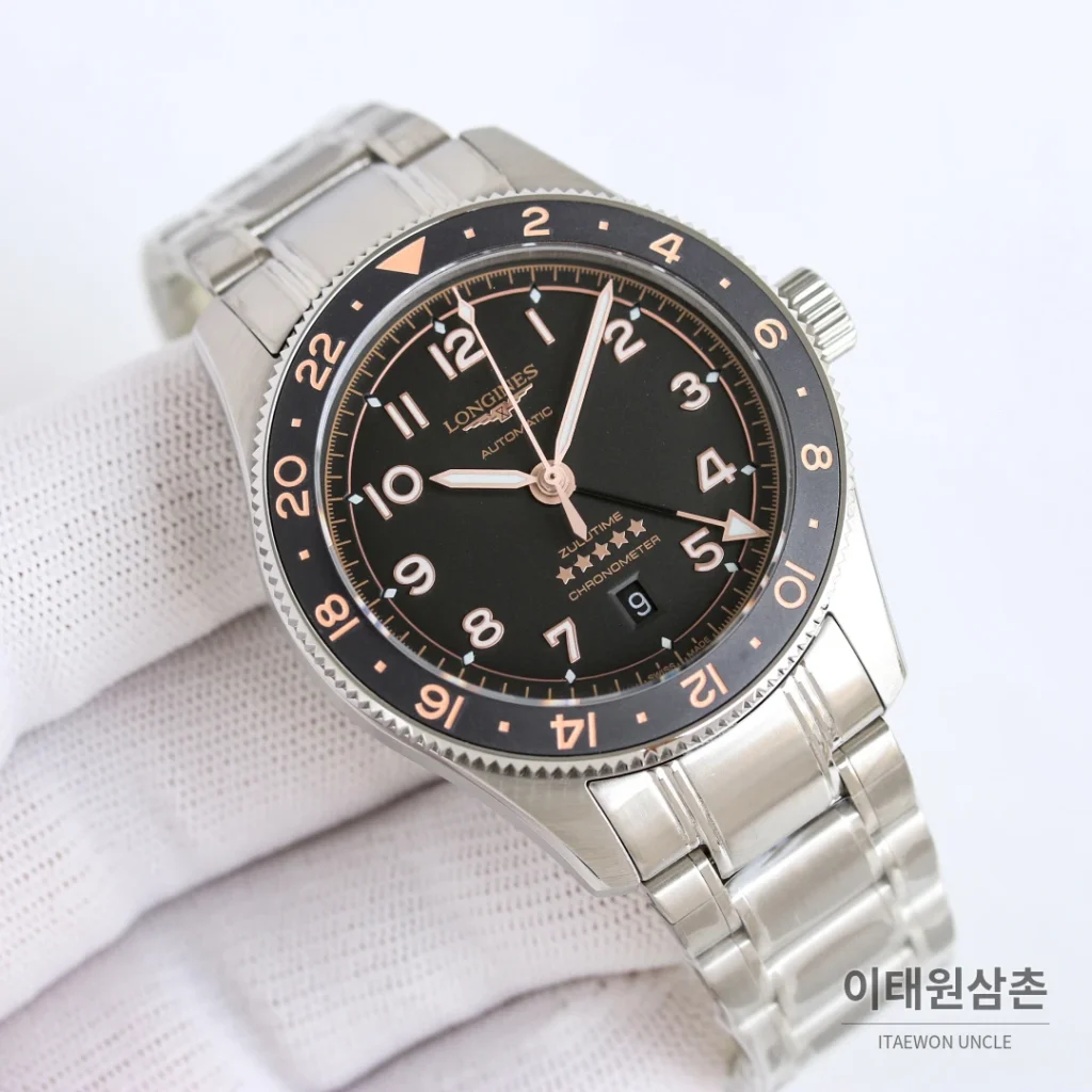 론진 스피릿 줄루타임 세라믹베젤 GMT 오토매틱 42mm 블랙 다이얼 브라운 가죽 스트랩 (2)