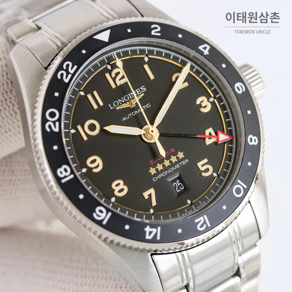 론진 스피릿 줄루타임 세라믹베젤 GMT 오토매틱 42mm 블랙 다이얼 브라운 가죽 스트랩