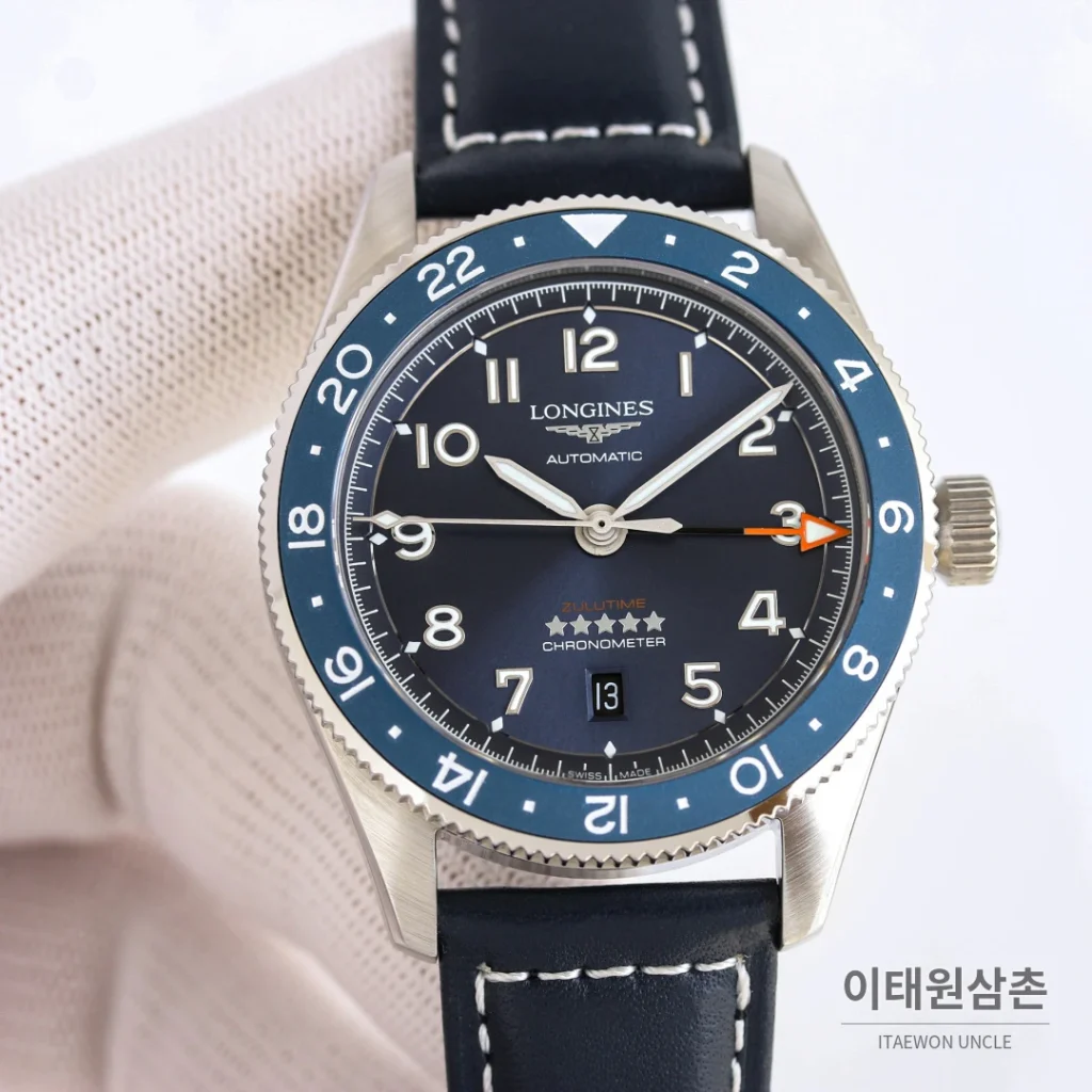 론진 스피릿 줄루타임 실버베젤 네이비다이얼 GMT 오토매틱 42mm