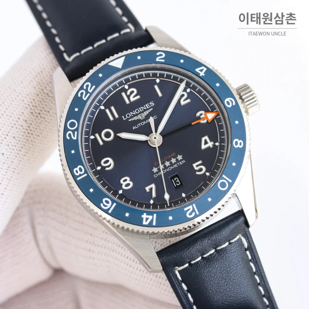 론진 스피릿 줄루타임 실버베젤 네이비다이얼 GMT 오토매틱 42mm