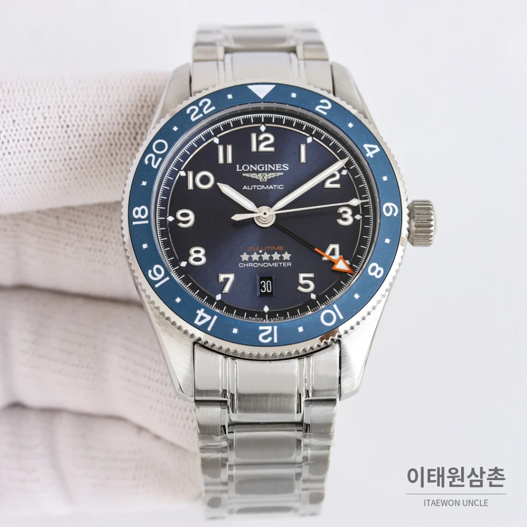 론진 스피릿 줄루타임 실버베젤 네이비다이얼 GMT 오토매틱 42mm