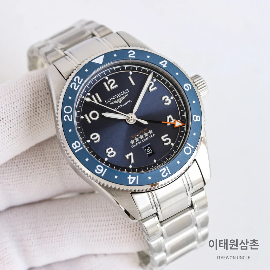 론진 스피릿 줄루타임 실버베젤 네이비다이얼 GMT 오토매틱 42mm