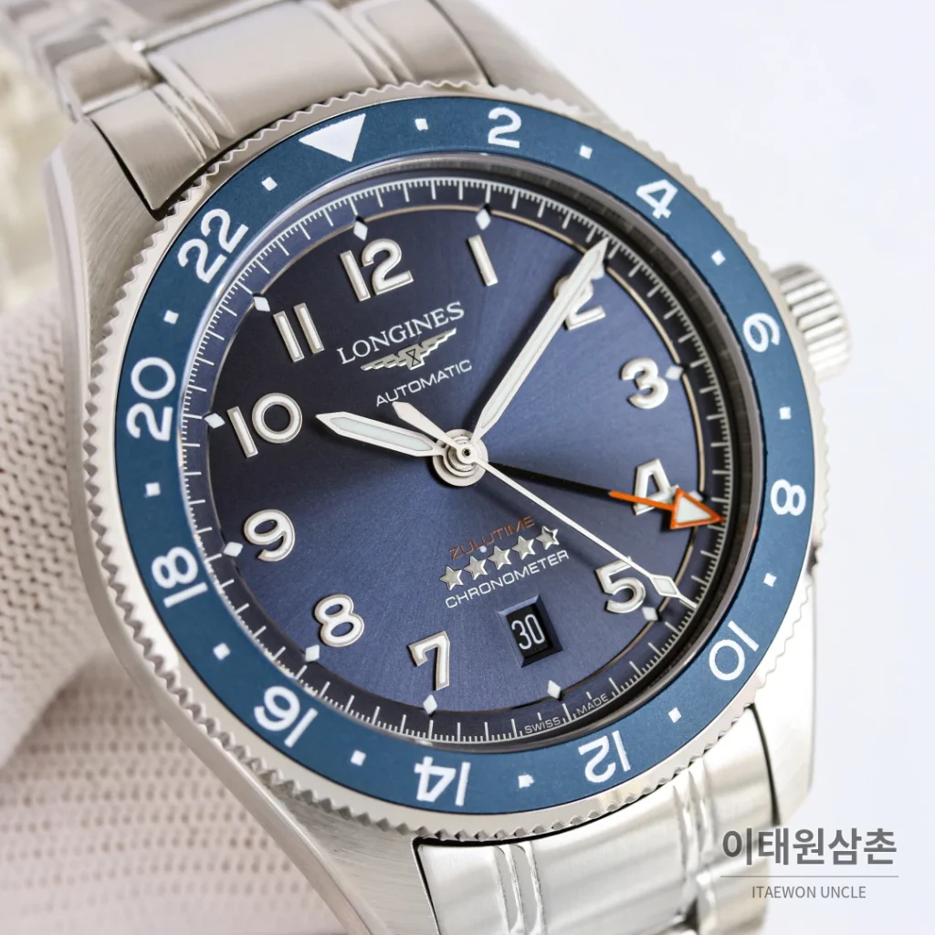 론진 스피릿 줄루타임 실버베젤 네이비다이얼 GMT 오토매틱 42mm
