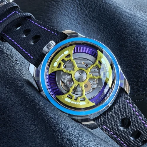 엠비앤에프 M.A.D.1S 사이드타임 대형로터 퍼플 오토매틱 42mm 스켈레톤 다이얼 블랙 러버 스트랩 아이스블루 베젤