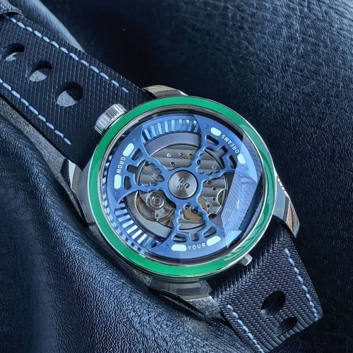 엠비앤에프 M.A.D.1S 사이드타임 대형로터 퍼플 오토매틱 42mm 스켈레톤 다이얼 블랙 러버 스트랩 그린 베젤