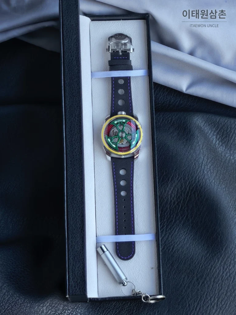 엠비앤에프 M.A.D.1S 사이드타임 대형로터 퍼플 오토매틱 42mm 스켈레톤 다이얼 블랙 러버 스트랩 옐로우 베젤