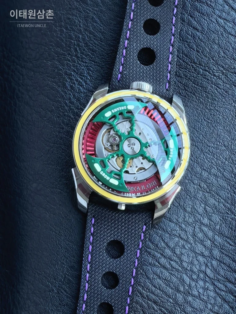 엠비앤에프 M.A.D.1S 사이드타임 대형로터 퍼플 오토매틱 42mm 스켈레톤 다이얼 블랙 러버 스트랩 옐로우 베젤
