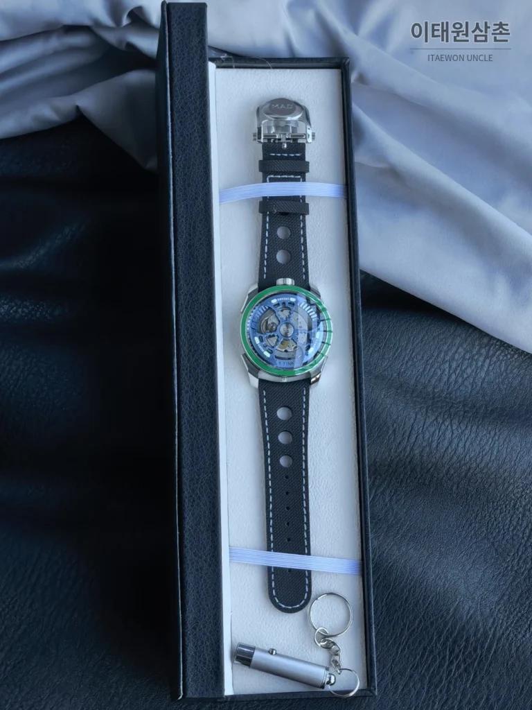 엠비앤에프 M.A.D.1S 사이드타임 대형로터 퍼플 오토매틱 42mm 스켈레톤 다이얼 블랙 러버 스트랩 그린 베젤