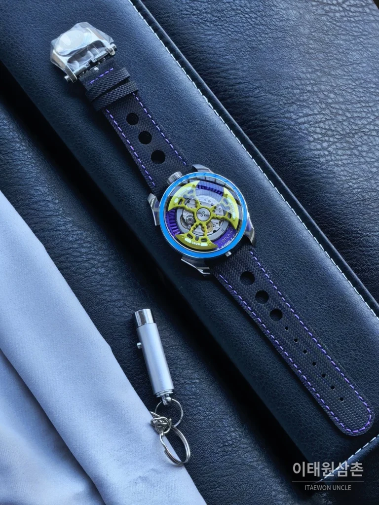 엠비앤에프 M.A.D.1S 사이드타임 대형로터 퍼플 오토매틱 42mm 스켈레톤 다이얼 블랙 러버 스트랩 아이스블루 베젤