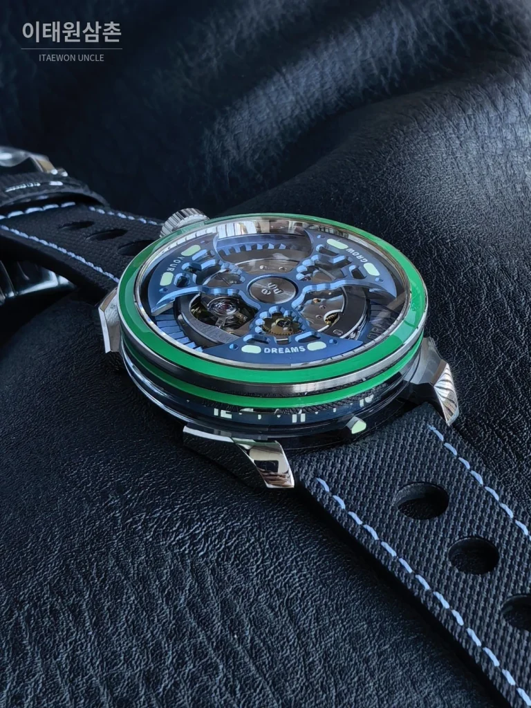 엠비앤에프 M.A.D.1S 사이드타임 대형로터 퍼플 오토매틱 42mm 스켈레톤 다이얼 블랙 러버 스트랩 그린 베젤