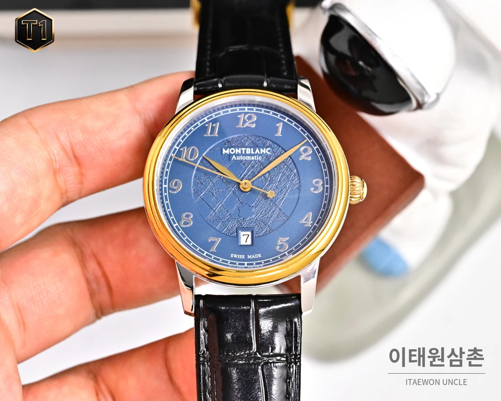 몽블랑 스타 레거시 이탈리안 카프스킨 블루스틸 핸즈 데이트 오토매틱 42mm 134359 (2)