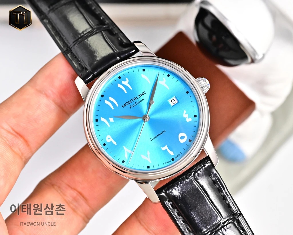 몽블랑 스타 레거시 이탈리안 카프스킨 블루스틸 핸즈 데이트 오토매틱 42mm 134359