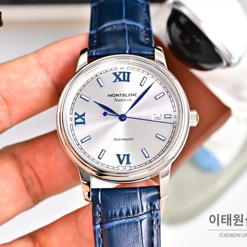 몽블랑 스타 레거시 실버 선레이 블루 로만 인덱스 데이트 오토매틱 42mm
