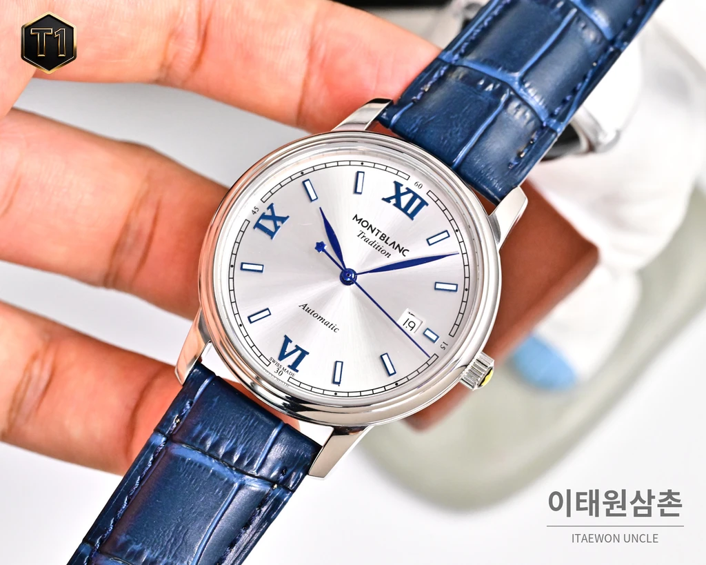몽블랑 스타 레거시 실버 선레이 블루 로만 인덱스 데이트 오토매틱 42mm