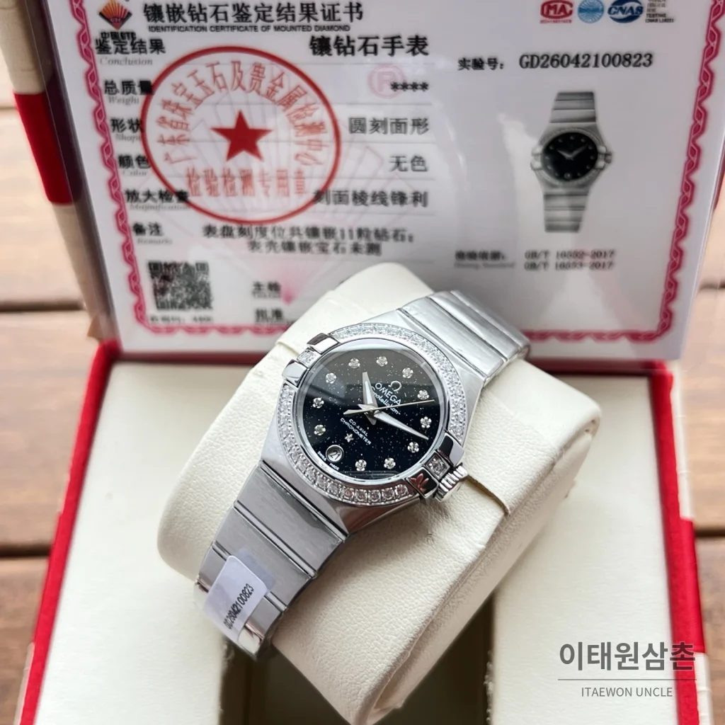 오메가 컨스텔레이션 4세대 블랙다이얼 다이아몬드 오토매틱 시계 27mm 투톤 브레이슬릿