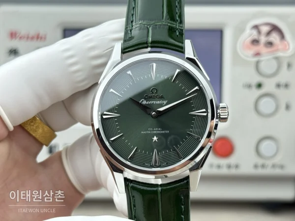 오메가 컨스텔레이션 오토매틱 39.4mm 네이비 블루 그린 가죽 스트랩